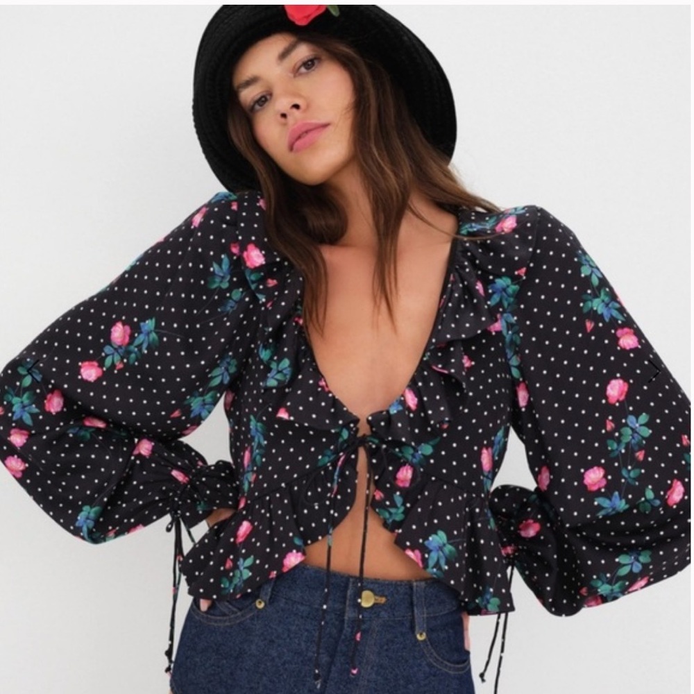 For Love & Lemons Rosen tie front black top size XXS